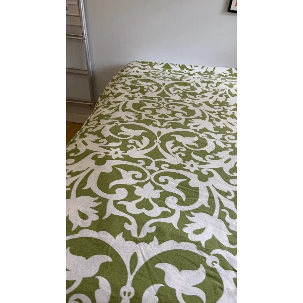 Pottery Barn Garden Gate Duvet Cover King Size Linen Cotton Green White Scroll